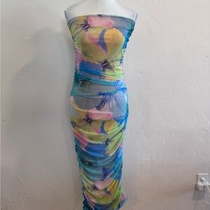 PrettyLittleThing Strapless Ruched Mesh Bodycon Maxi Dress Multicolor